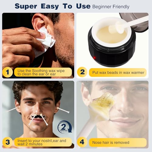 Nose Wax Kit, Nose Ear Hair Waxing Kit for Men and Women with 100g Wax, 40 Sticks, Nose Ear Hair Removal Kit, USB Fast Heat, Smart Temperature Control, Compact Travel Size