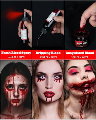Fake Blood Makeup Kit - 3 Realistic Formulas for Halloween Costumes