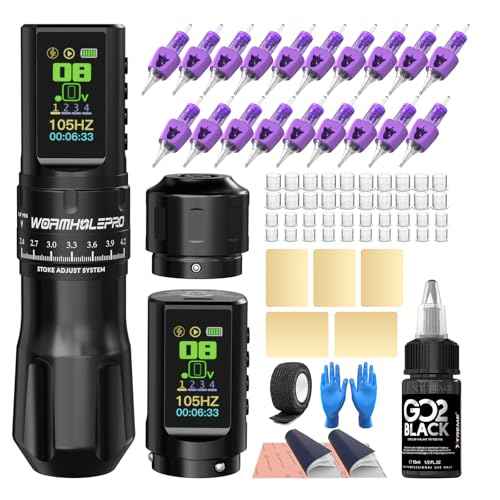 WORMHOLE PRO Wireless Tattoo Gun Kit Tattoo Machine 2 Batteries 1,800mAh Power Supply, Smart Tattoo Pen, 1/2 OZ Xtreme Tattoo Ink 20 Tattoo Needles with Extra Battery RCA Jack Part, Brushless Motor