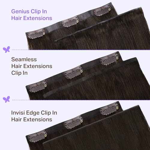 DOORES Genius Clip in Human Hair Extensions, Dark Brown 20 Inch 7pcs 120g, Invisi Edge Straight Hair Extensions with Skin Weft for Women