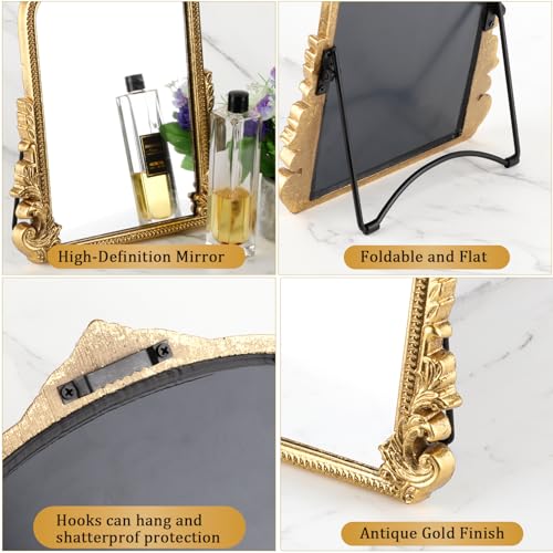 Willannals Gold Vintage Makeup Mirror 12x9.8 Inch Tabletop Vanity with Wall-Hanging Option