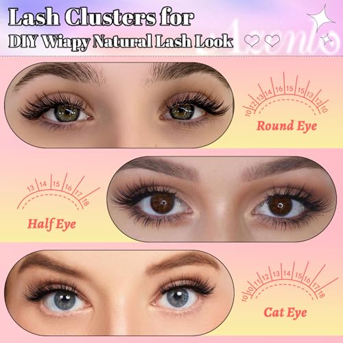 Lash Extension Kit A50+60D Fluffy Lash Clusters Kit D Curl Thick Cluster Eyelashes Extensions 10-16mm DIY Individual Lashes Natural Eyelash Clusters Kit with Lash Bond and Seal Waterproof