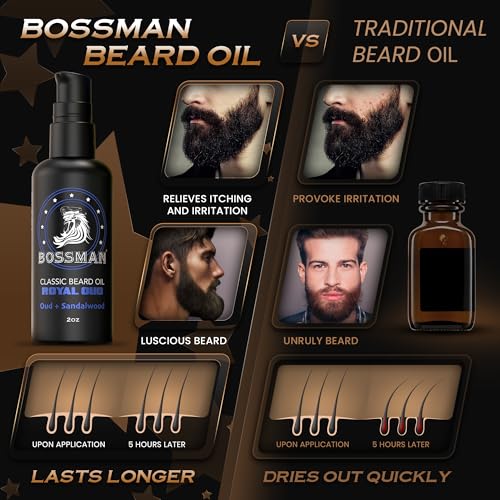Bossman Organic Mustache & Beard Oil for Men, 2 oz ? Natural Beard Moisturizer with Jojoba, Argan & Avocado Oils (Royal Oud Scent)