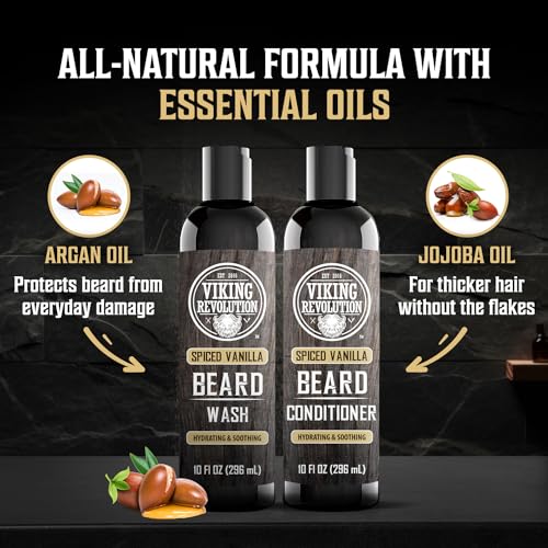 Viking Revolution Beard Wash and Beard Conditioner for Men with Argan Oil and Jojoba Oil - Beard Softener and Strengthener Beard Care Beard Shampoo and Conditioner with Beard Oil (10oz,Spiced Vanilla)
