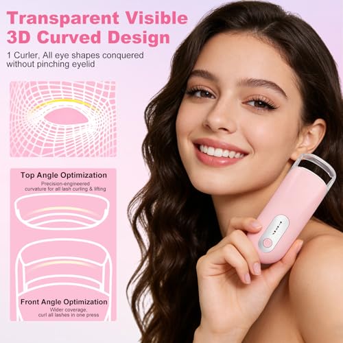 Visible Heated Eyelash Curler, Rechargeable Electric Eyelash Curlers 10S Fast Heat, Safe Anti-Burn Mini Heat Eye Lash Curler 24Hrs Long Lasting Natural C Curl Lashes (Pink)