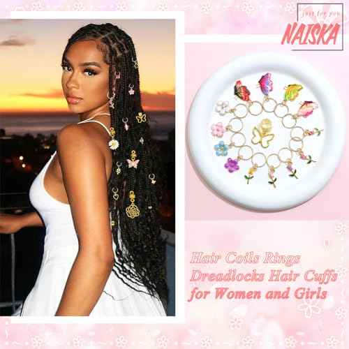 NAISKA 146PCS Gold Hair Jewelry with Butterfly Flower Charms, Metal Alloy Hair Coils, Rings, Cuffs and Decorations for Locs, Dreadlocks and Braids - Handmade Accessories for Women and Girls