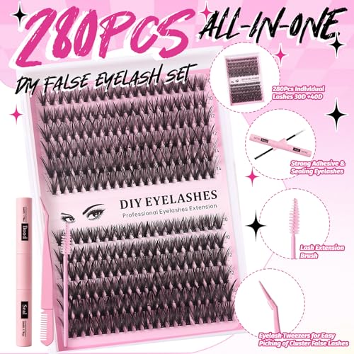 Lash Clusters Kit 280pcs 30D+40D D Curl 10-14MM with Glue & Tools