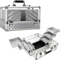 Ver Beauty Silver Diamond Makeup Train Case with 6 Accordion Trays ? Lockable Cosmetic Organizer with Spacious Interior & Clear Acrylic Top