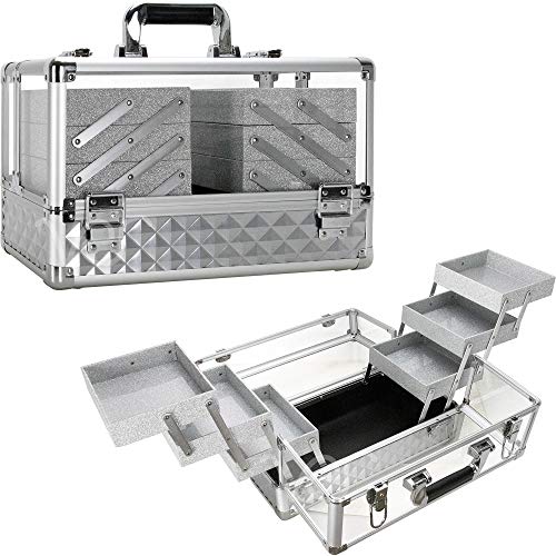 Ver Beauty Silver Diamond Makeup Train Case with 6 Accordion Trays ? Lockable Cosmetic Organizer with Spacious Interior & Clear Acrylic Top
