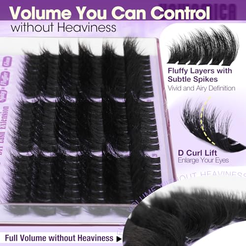 Yawamica Fluffy Lash Clusters Kit Wispy Volume Cluster Eyelash Extensions 12-20mm D Curl Individual Lash Extension Kit with 2-in-1 Lash Bond and Seal and Tweezers for Volume Wispy Lash Look