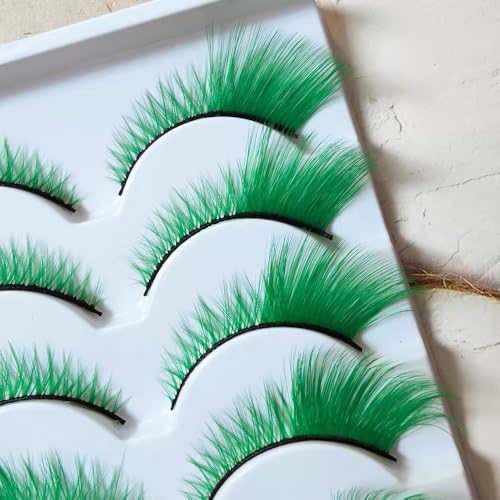 False Lashes Natural Lashes 5 Pairs Cat Eye Fluffy False Eyelashes for Halloween, Cosplay, Party, Stage Makeup (Green)