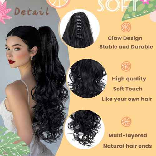 Ponytail Extension, 26 Inch Long Pony tails Hair Extensions for Women Wavy Curly Claw Clip Ponytail Fluffy Natural Fake Pony tail Hair Pieces for Women (Black, 26 Inch)