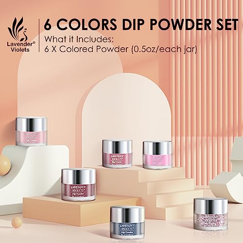 Lavender Violets Dip Powder Nail Kit, Large Capacity Set - 6 Colors Royal Blue Glitter Red Purple Lilac Dipping Powder for Nail Art Manicure Salon at home J213