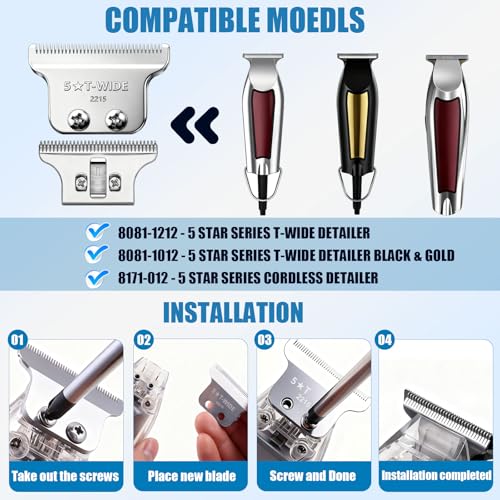2215 Adjustable Zero-Gap T Blade Replacement for Wahl 5 Star Detailer Li Trimmer Models 8081/8171 (Silver-2PCS)