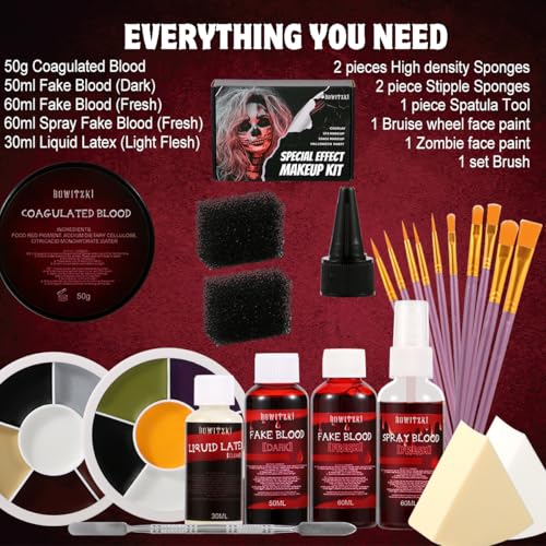 Bowitzki Professional SFX Makeup Kit ? Special Effects Makeup Kit with Fake Blood, Coagulated Blood, Liquid Latex, Bruise & Zombie Face Paint for Halloween, Cosplay, Horror FX, Theater