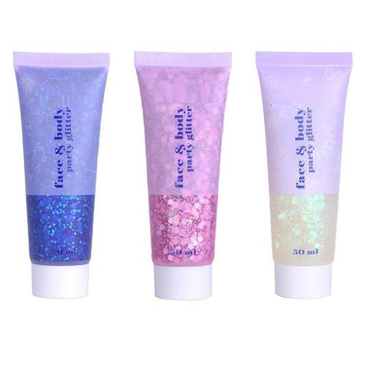 3 Color Face Glitter Gel, Body Glitter, Neon Outfit Glow Party, for Women Face Body Glitter Makeup. (01#Blue+ 03#Pink+06#White)