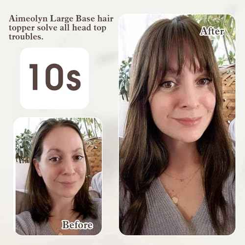 Hair Toppers for Women - 16inch Real Human Hair With Bangs, 8x8inch Skin Scalp Big Base Cover for Thinning or Hair Loss - Remy Top Pieces Wiglets