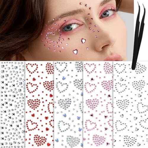 YGDZ Face Gems 5 Sheets Hair Gems, Self Adhesive Face Jewels Stickers, Heart Festival Face Gems Stick on, Rhinestone stickers for Face, Eye, Makeup, Rave Accessories for Kids, Women