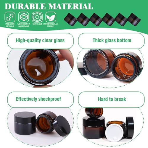 120Pcs 5g Amber Glass Jars Assortment Kit with Inner Liners and Black Lids, Spoons and blank labels for Storing Lip and Body Scrub, Lotion, Body Butter, Bath Salts