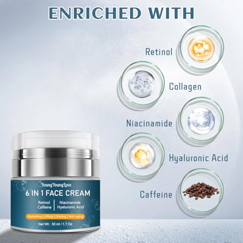 6-in-1 Face Cream for Men with Retinol, Hyaluronic Acid, Niacinamide & Caffeine, Face & Neck Moisturizer for Mens Anti-Aging, Retinol Cream for Face Dark Circle, Wrinkles and Puffiness, 1.7 oz