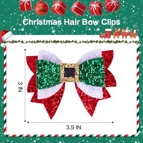 Christmas Hair Bows, Glitter Hair Clips for Girls, 3.5 Inch Red Green White Bows Alligator Hairpin Sparkly XMAS Hair Accessories Christmas Stocking Stuffers Gift for Kids Girls Teens Women