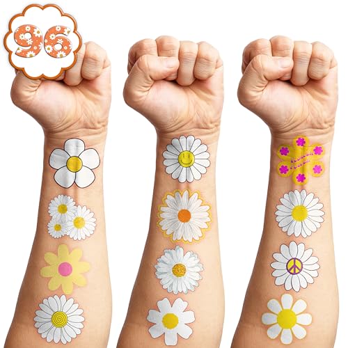 105 PCS Daisy Flower Temporary Tattoos Cute Birthday Party Decorations Favors Supplies Decor Groovy Spring Boho Yellow While Daisy Flower Hippie Stickers For Girls Gift School Prizes Rewards