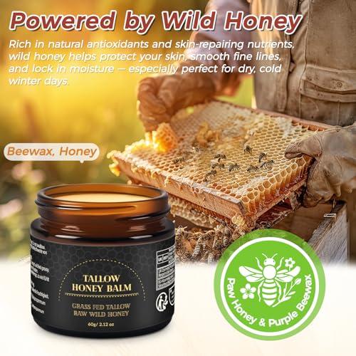 Beef Tallow for Skin,Tallow and Honey Balm,Organic Grass-Fed Beef Tallow Balm with Honey, Face and Body Moisturizer(60g)