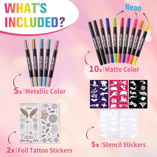 Temporary Tattoo Markers - 15 Colors with Neon Glow & 50 Stencils