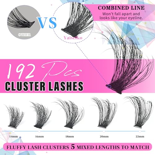 Yaiseiko 192pcs Eyelash Clusters 14-22mm Volume D Curl Lashes