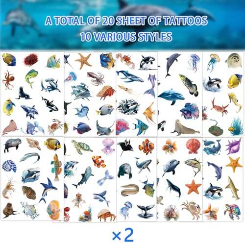 254 Ocean Animal Temporary Tattoo Stickers - Sharks, Whales, Turtles