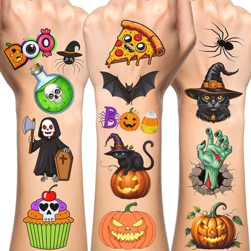 Halloween Temporary Tattoos | Halloween Decorations Party Favors Supplies D?cor Accessories Stickers Pumpkin Trick Or Treat Skull Skeleton Owl Ghost Bat Gift Idea For Kids Boy Girl Teen Adult-60Pcs
