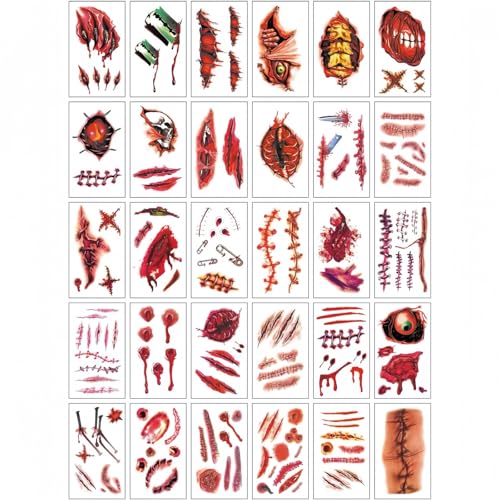 Halloween Zombie Scar Temporary Tattoos, 30 Sheets Waterproof Fake Wound Stickers