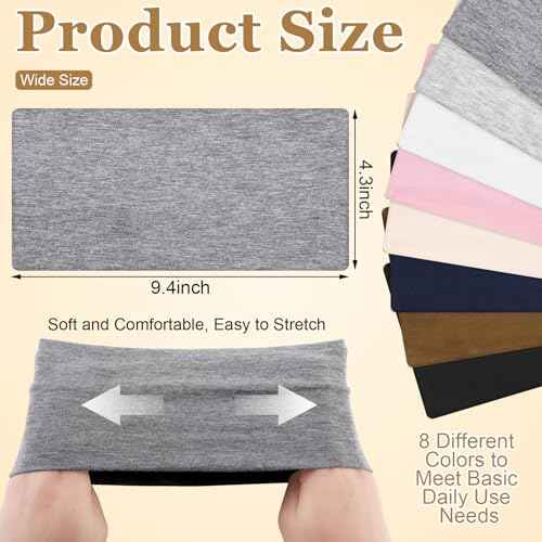 8 Pack Wide Headbands for Women, Elastic Soft Fabric Hair Bands Hair Warp for Daily Workout Yoga Running, Non Slip 8 Colors