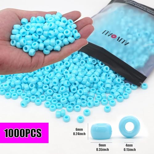 Auvoau 1000Pcs Pony Beads Bracelet 9mm Blue Plastic Barrel Pony Beads for Necklace,Hair Beads for Braids for Girls,Key Chain,Jewelry Making (Blue)