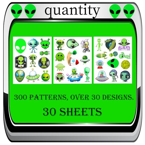 300 Green Alien Theme Tattoos Temporary Stickers Suitable for Outer UFO Space Alien Themed Birthday Party Supplies Decor Goodie Bag Stuffers 30 Sheets
