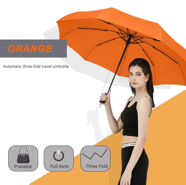 SIEPASA Windproof Travel Compact Umbrella-Automatic Umbrellas for Rain-Compact Folding Umbrella, Travel Umbrella Compact, Small Portable Windproof Umbrellas for Men Women Teenage. (Orange)