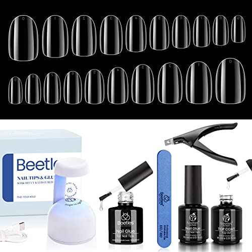 Beetles Gel Nail Kit Easy Nail Extension Set 2 In 1 Nail Glue Gel Base Coat with Pre Shaped Short Oval Almond Soft Gel Nail Tips and Led Nail Lamp Acrylic Nail Clipper Gelly Nail Tips for Diy Manicure