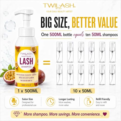 TWILASH Passion Fruit Lash Shampoo 500ml - Gentle Foaming Eyelash Cleaner for Extensions & Daily Care