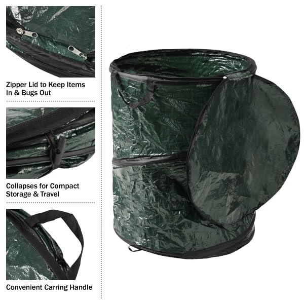 Wakeman Collapsible Trash Can 2-Pack - Pop Up 44-Gallon Outdoor Garbage Cans with Zippered Lids - Recycle Bins for Camping or Parties (Green)