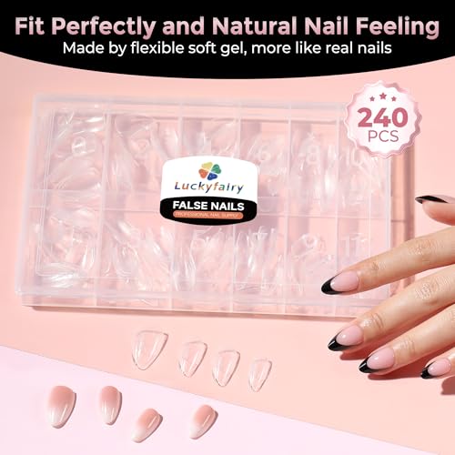 Luckyfairy Short Almond Soft Gel Nail Tips - 240 Pcs Clear Full Cover Fake Nails