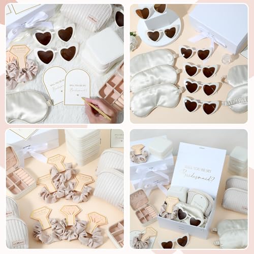 43 Pcs Bridesmaid Proposal Gifts Set of 6 Bridesmaid Boxes Bulk Will You Be My Maid of Honor Gift with Makeup Bag Case Eye Mask Glasses Hair Scrunchies Gift Box for Wedding Bride Shower(Beige)