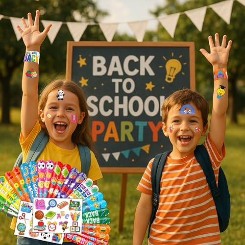 48-Piece Back to School Party Favor Set - Temporary Tattoos & Slap Bracelets