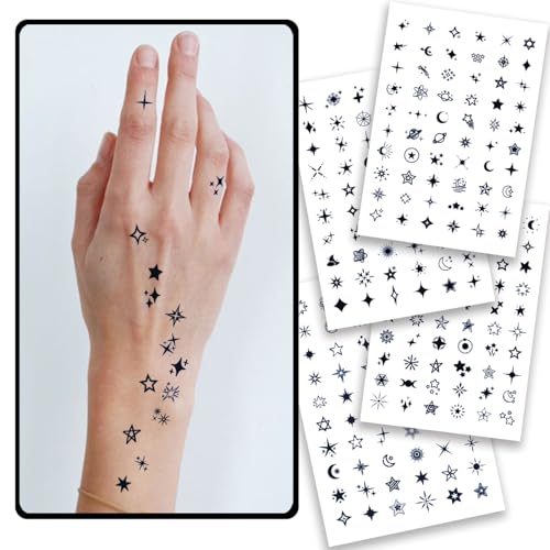 Stars Semi-Permanent Tattoos for Adult - 2 Weeks Long Last Small Fake Tattoos for Women Men Face Finger Neck Body/Fades Naturally/No Reflection/Waterproof/Realistic