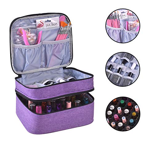 Purple Nail Polish Organizer Holds 30 Bottles Double Layer Travel Case