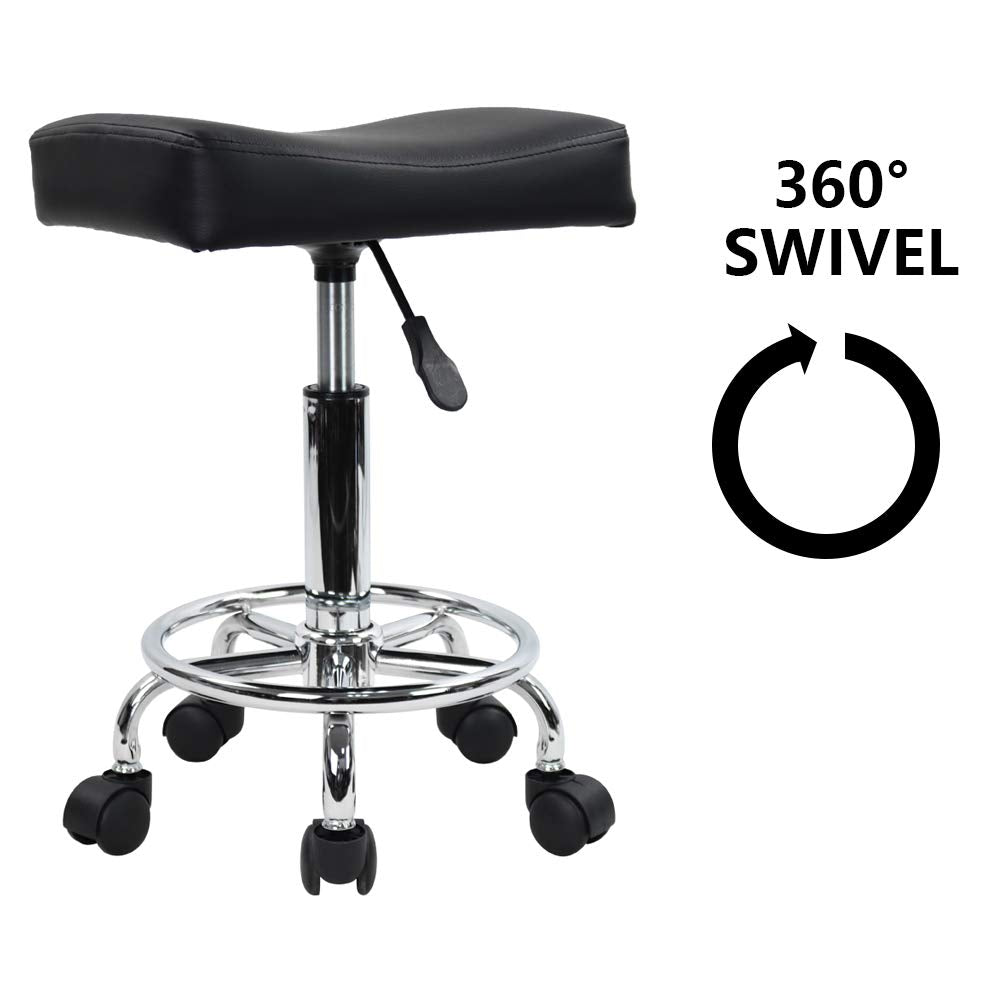 KKTONER Square Rolling Stool PU Leather Height Adjustable Swivel Massage SPA Salon Stools Task Chair with footrest (Black)