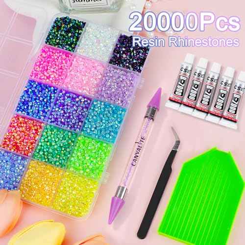 18000Pcs Resin Jelly Rhinestones for Bedazzling, Multicolor 3mm Flatback Rainbow Gems, Bedazzling Crystal with 4Pcs 2.5g Jewelry Glue, Rhinestone Picker for DIY Crafting Clothes Shoes Nail Art
