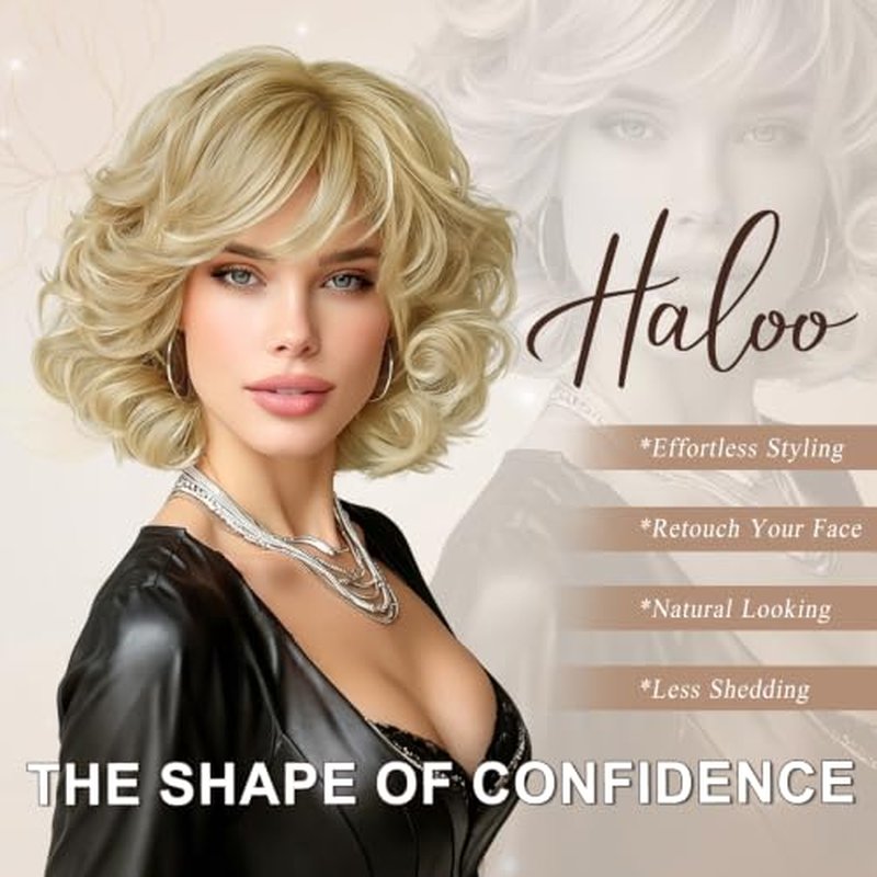 Haloo 12 Inch Light Blonde Short Wig with Bangs - Wavy Curly Synthetic Hair