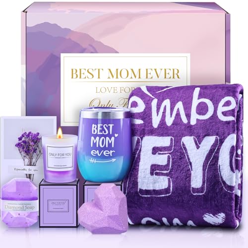 Mothers Day Gifts for Mom,Valentines Birthday Mothers Day Basket for Mom from Daughter Son, Relaxing Spa Gifts Set with Luxury Flannel Purple Blanket,Great Birthday Mother's Day Ideas for Women