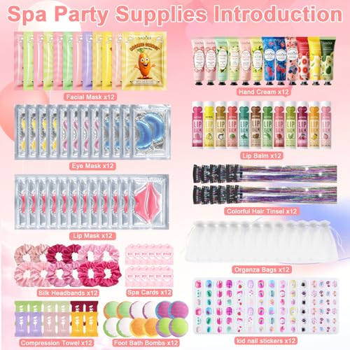 144 PCS Spa Party Supplies for Girls and Women, Favors Include Face Masks Skincare, Hand Cream, Lip Balm, Eye Mask, Lip Mask, Foot Bath Bombs, Hair Tinsel, Spa Birthday Sleepover Party Supplies