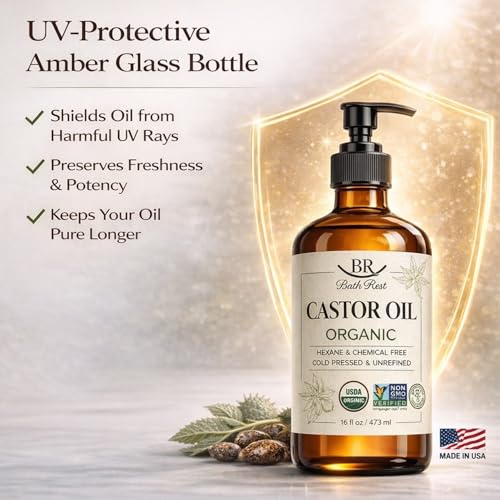 Bathrest Organic Castor Oil 16oz Cold Pressed Unrefined Vegan for Hair & Skin - Brown Bottle